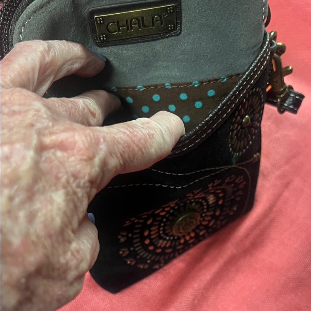 Chala Black/Gray Suede Crossbody Mini- Purse/Phone Bag with Medallion Accents - Picture 9 of 11